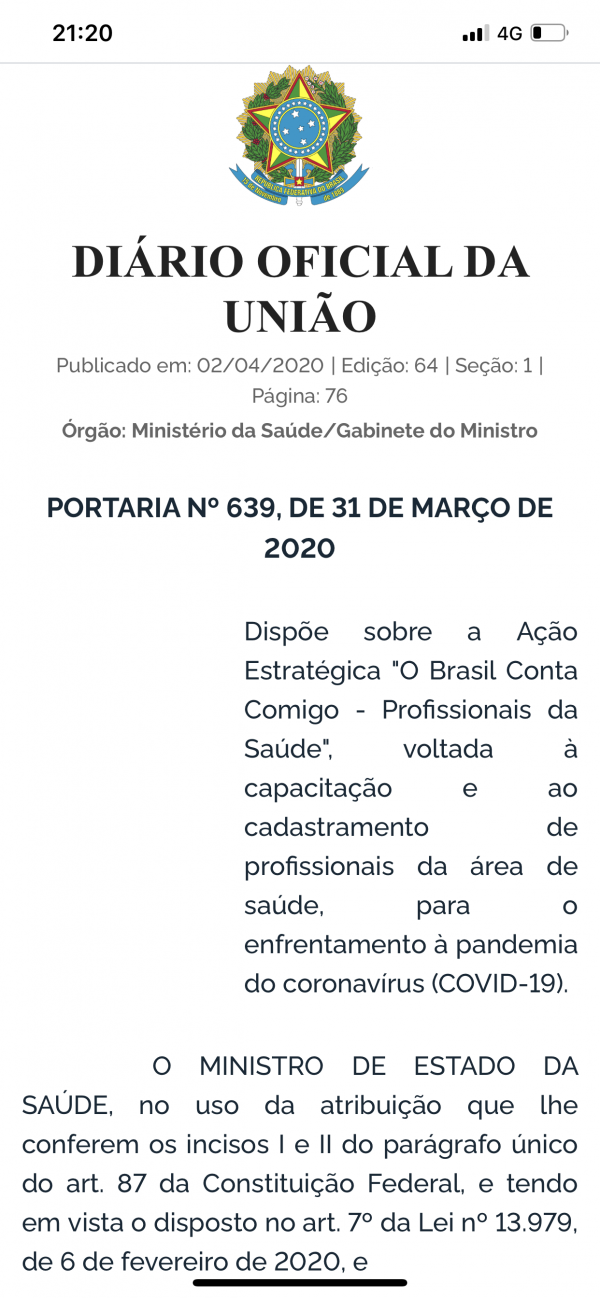 CADASTRO OBRIGATÓRIO DOS PROFISSIONAIS DA ÁREA DE SAÚDE - PORTARIA 639/2020